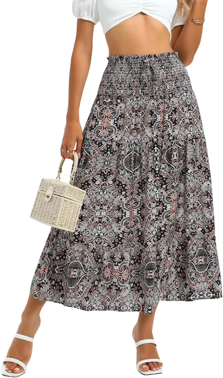 ZABERRY Womens Boho Floral Summer Maxi Skirt 2025 Elastic High Waist Pleated A Line Ruffle Flowy Long Skirts