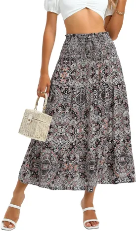 ZABERRY Womens Boho Floral Summer Maxi Skirt 2025 Elastic High Waist Pleated A Line Ruffle Flowy Long Skirts
