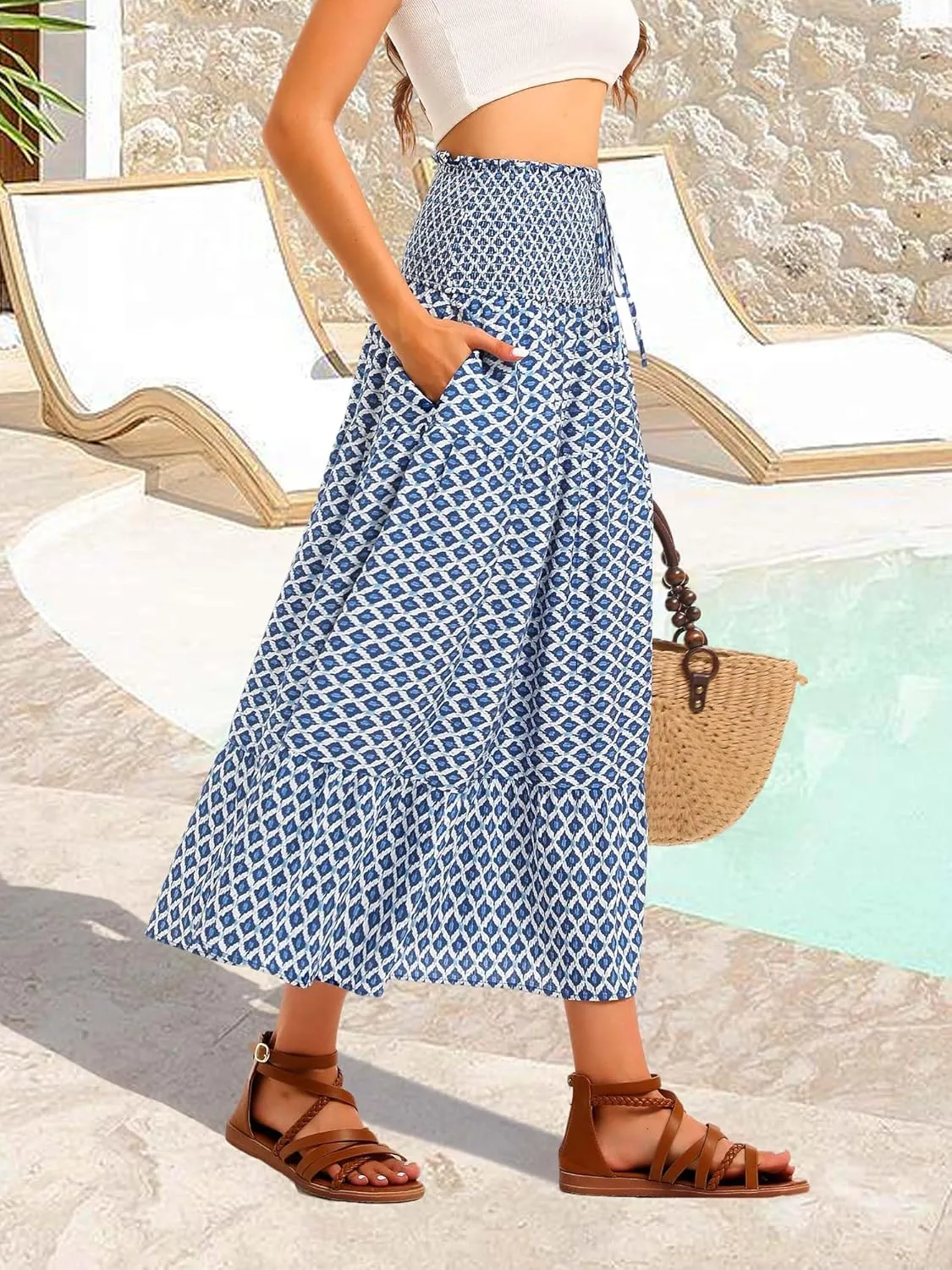 ZABERRY Womens Boho Floral Summer Maxi Skirt 2025 Elastic High Waist Pleated A Line Ruffle Flowy Long Skirts