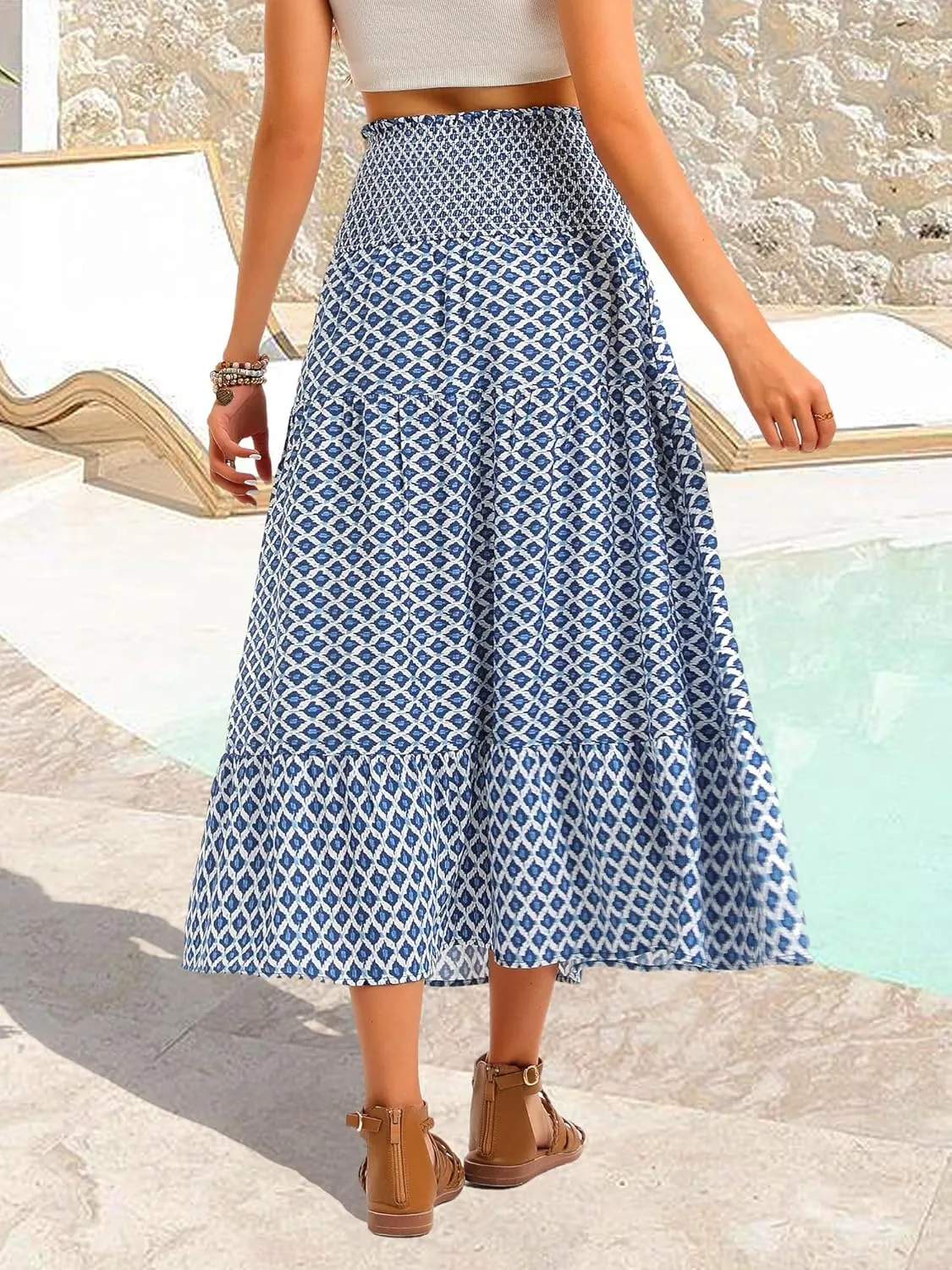 ZABERRY Womens Boho Floral Summer Maxi Skirt 2025 Elastic High Waist Pleated A Line Ruffle Flowy Long Skirts