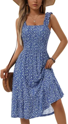 ZABERRY Womens Summer Midi Dress 2025 Elastic Straps Square Neck Cute Floral Flowy A-line Sundresses for Women