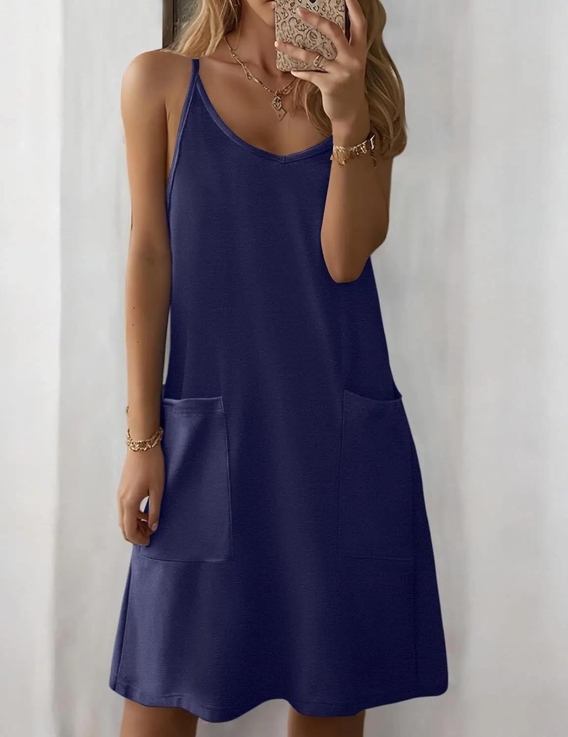 Zeagoo Women Summer Dresses Casual Beach Vacation Dress Spaghetti Strap Sundress Sleeveless Mini Short Dress with Pockets