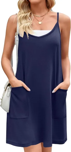 Zeagoo Women Summer Dresses Casual Beach Vacation Dress Spaghetti Strap Sundress Sleeveless Mini Short Dress with Pockets